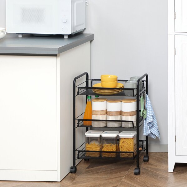 HOMCOM Carrello da Cucina in Acciaio con 3 Cesti Rimuovibili, 4 Ganci, 2 Maniglie, 4 Ruote, 41.5x26.5x63cm, Nero | Aosom