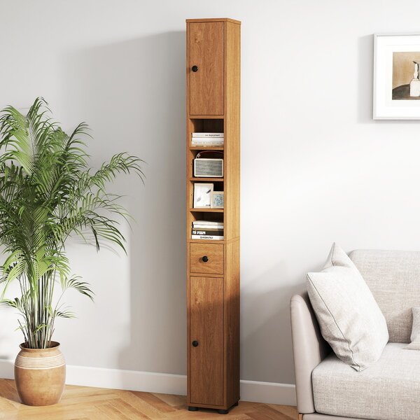 Costway Armadio da bagno alto slim con 1 cassetto di stoccaggio, Armadio da bagno 5 ripiani regolabili struttura antiscivolo Legno naturale