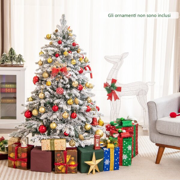 Costway Albero di natale innevato con 120 luci led giunti a cerniera, Albero di natale pre-illuminato 135cm Bianco