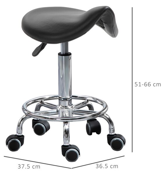HOMCOM Sgabello Regolabile in Altezza con 5 Ruote e Seduta Ergonomica Imbottita in Gommapiuma, 36.2x37.5x51-66 cm, Nero|Aosom