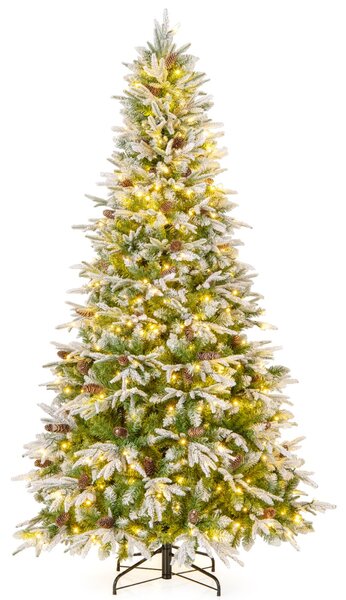 Costway Albero di Natale artificiale pre-luminoso 225cm con rami articolati e 1135 punte, Albero di Natale foderato di neve