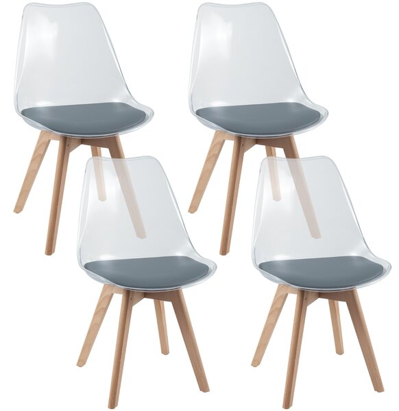 Costway Set sedie da pranzo trasparenti moderne senza braccioli con schienale trasparente, Set sedie in legno massello di faggio Grigio