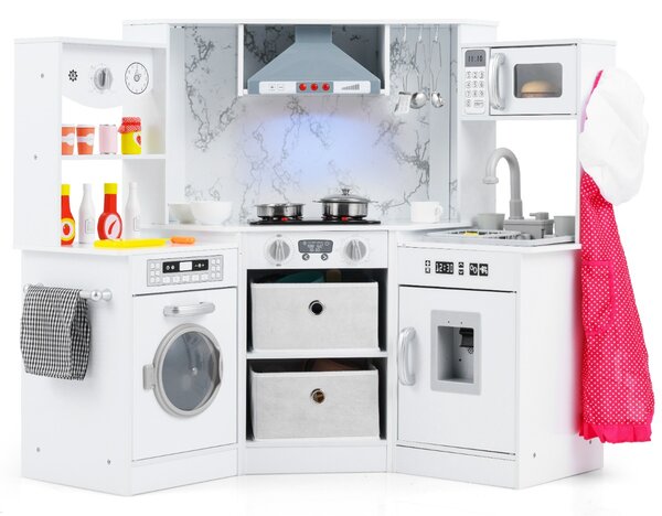 Costway Cucina giocattolo per bambini in legno con luci e suoni realistici, Angolo cucina con cappa aspirante illuminata Bianco