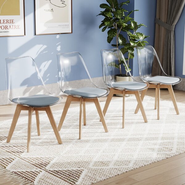 Costway Set sedie da pranzo trasparenti moderne senza braccioli con schienale trasparente, Set sedie in legno massello di faggio Grigio