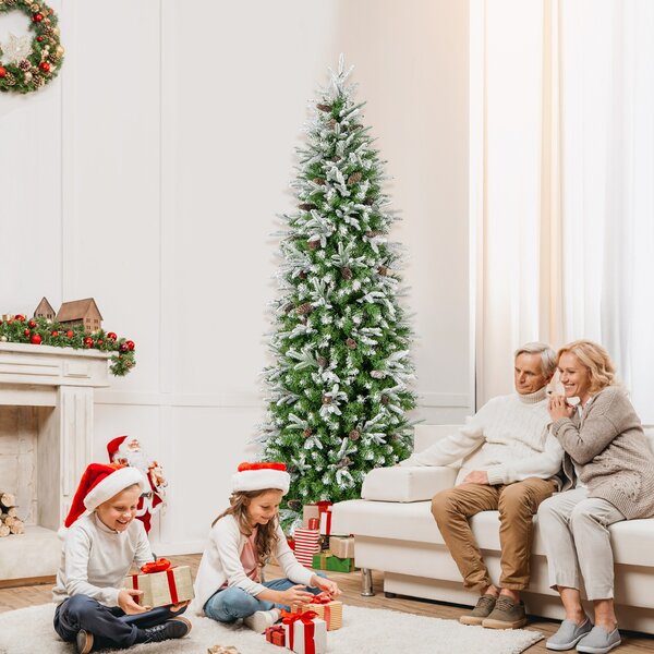 Costway Albero di Natale foderato di neve con rami articolati e 913 punte, Albero di Natale artificiale pre-luminoso 225cm