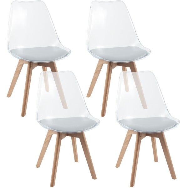 Costway Set sedie da pranzo trasparenti moderne senza braccioli con schienale trasparente, Set sedie in legno massello di faggio Bianco