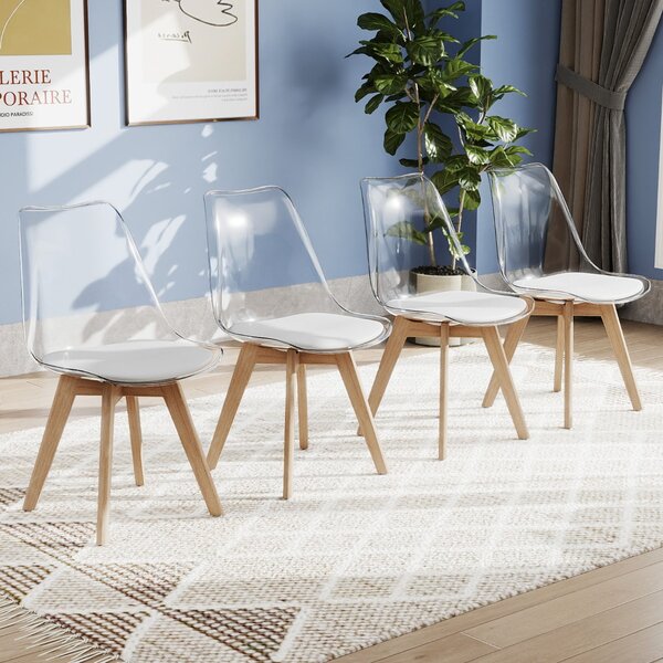 Costway Set sedie da pranzo trasparenti moderne senza braccioli con schienale trasparente, Set sedie in legno massello di faggio Bianco