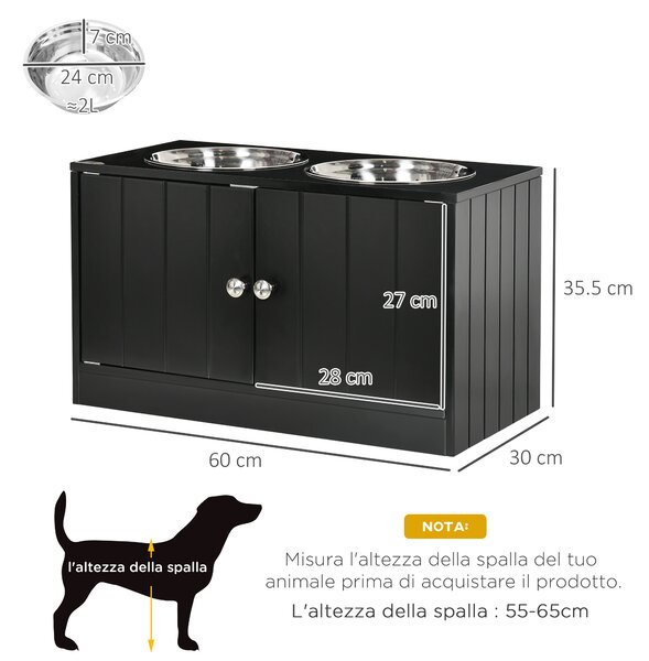PawHut Ciotola per Cani Rialzata con Vano Contenitore, 2 Ciotole in Acciaio Inox Rimovibili, 60x30x35.5cm, Nero|Aosom