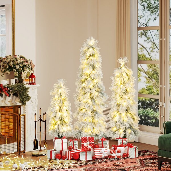 Costway Alberi di Natale pre-illuminati con punte dei rami innevate, Set da 3 alberi di Natale artificiali da 90 cm 120 cm 150 cm