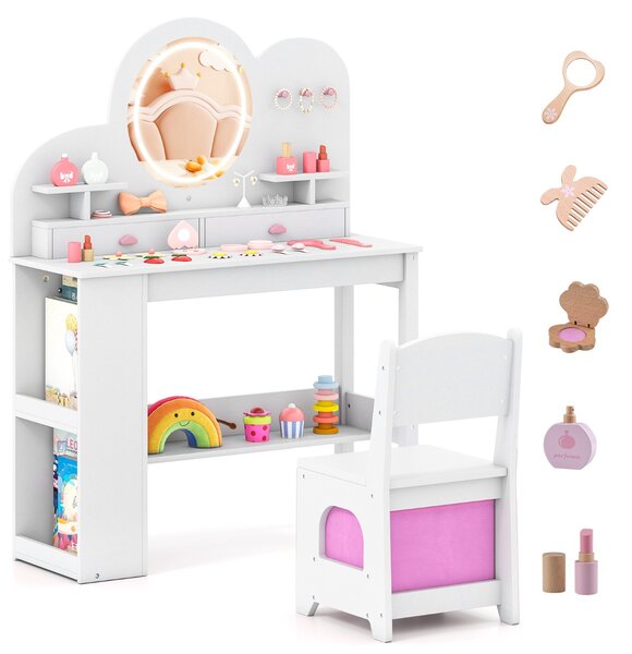 Costway Set tavolo da trucco principessa e sedia con 2 cassetti e libreria a 2 ripiani, Toeletta per bambini con luci Bianco