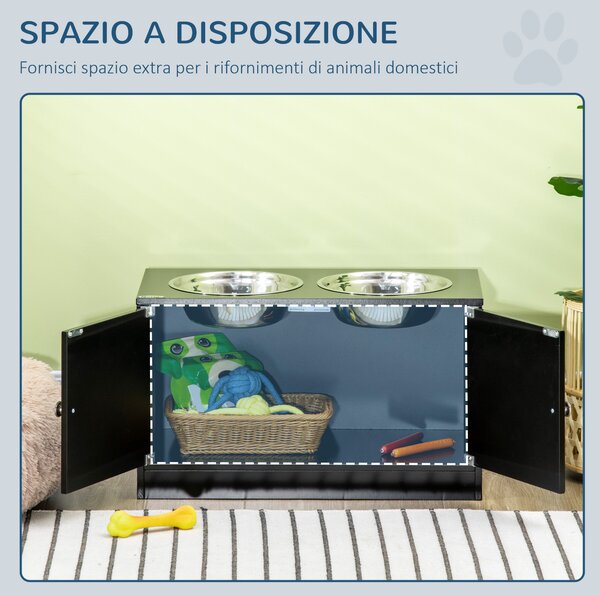 PawHut Ciotola per Cani Rialzata con Vano Contenitore, 2 Ciotole in Acciaio Inox Rimovibili, 60x30x35.5cm, Nero|Aosom