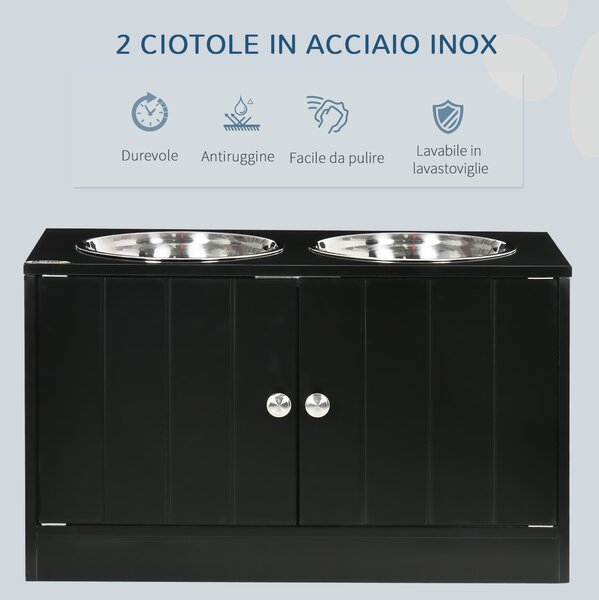 PawHut Ciotola per Cani Rialzata con Vano Contenitore, 2 Ciotole in Acciaio Inox Rimovibili, 60x30x35.5cm, Nero|Aosom