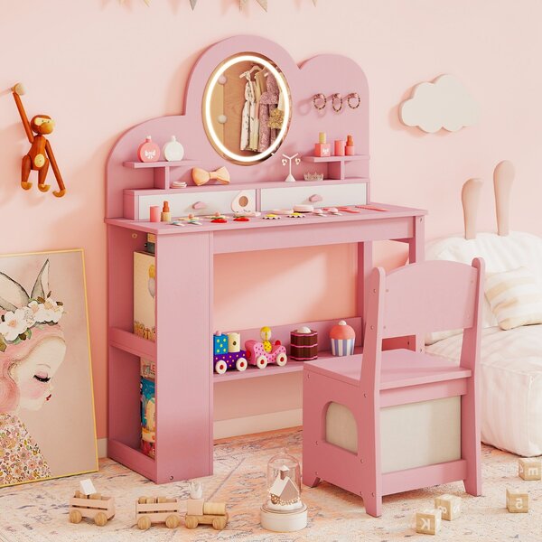 Costway Set tavolo da trucco principessa e sedia con 2 cassetti e libreria a 2 ripiani, Toeletta per bambini con luci Rosa