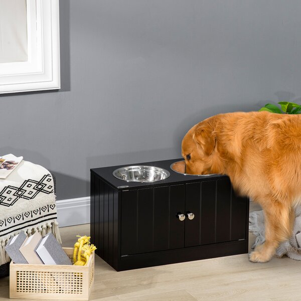 PawHut Ciotola per Cani Rialzata con Vano Contenitore, 2 Ciotole in Acciaio Inox Rimovibili, 60x30x35.5cm, Nero|Aosom