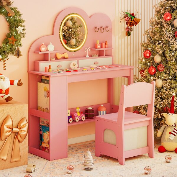 Costway Set tavolo da trucco principessa e sedia con 2 cassetti e libreria a 2 ripiani, Toeletta per bambini con luci Rosa
