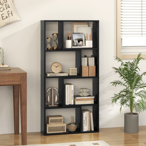 Costway Libreria geometrica a 4 ripiani da 120cm, Organizzatore di stoccaggio moderno con 8 cubi in legno per soggiorno Nero