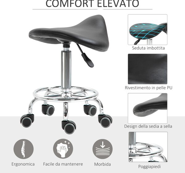 HOMCOM Sgabello Regolabile in Altezza con 5 Ruote e Seduta Ergonomica Imbottita in Gommapiuma, 36.2x37.5x51-66 cm, Nero|Aosom