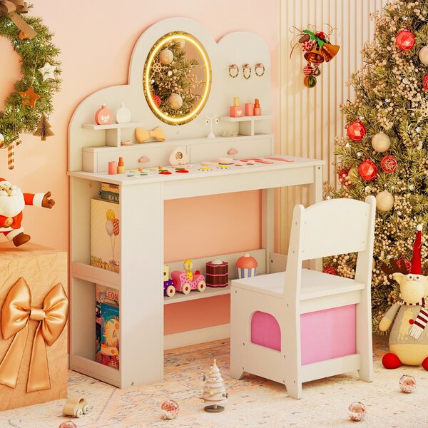 Costway Set tavolo da trucco principessa e sedia con 2 cassetti e libreria a 2 ripiani, Toeletta per bambini con luci Bianco
