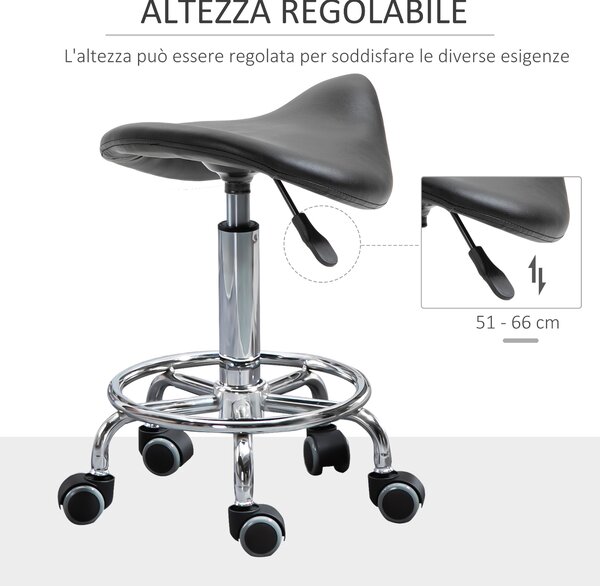 HOMCOM Sgabello Regolabile in Altezza con 5 Ruote e Seduta Ergonomica Imbottita in Gommapiuma, 36.2x37.5x51-66 cm, Nero|Aosom