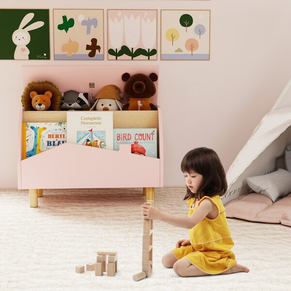 Costway Scatola dei giocattoli in legno con ripiano espositivo, Libreria per bambini con cerniera di sicurezza Rosa