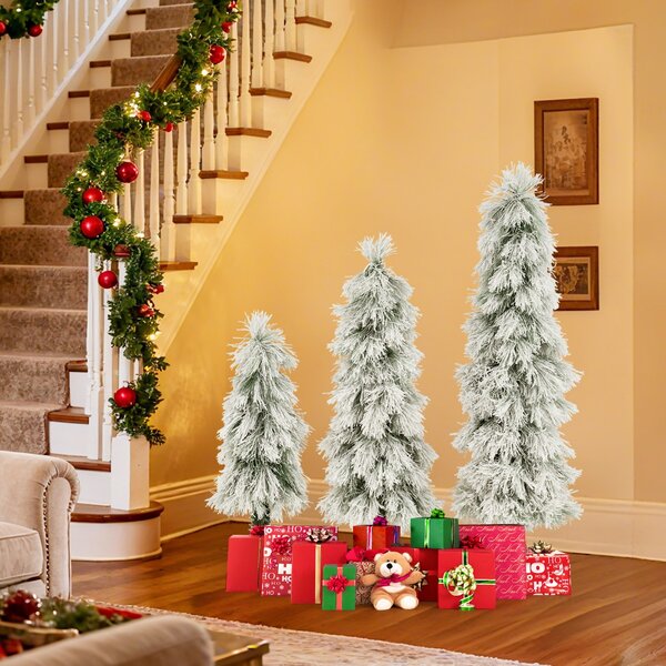 Costway Alberi di Natale pre-illuminati con punte dei rami innevate, Set da 3 alberi di Natale artificiali da 90 cm 120 cm 150 cm