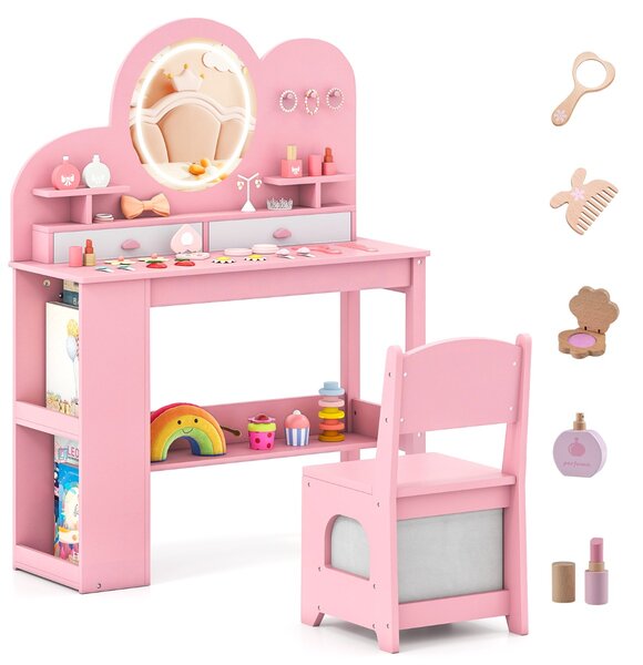 Costway Set tavolo da trucco principessa e sedia con 2 cassetti e libreria a 2 ripiani, Toeletta per bambini con luci Rosa