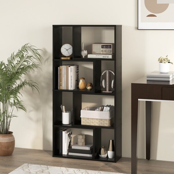 Costway Libreria geometrica a 4 ripiani da 120cm, Organizzatore di stoccaggio moderno con 8 cubi in legno per soggiorno Nero