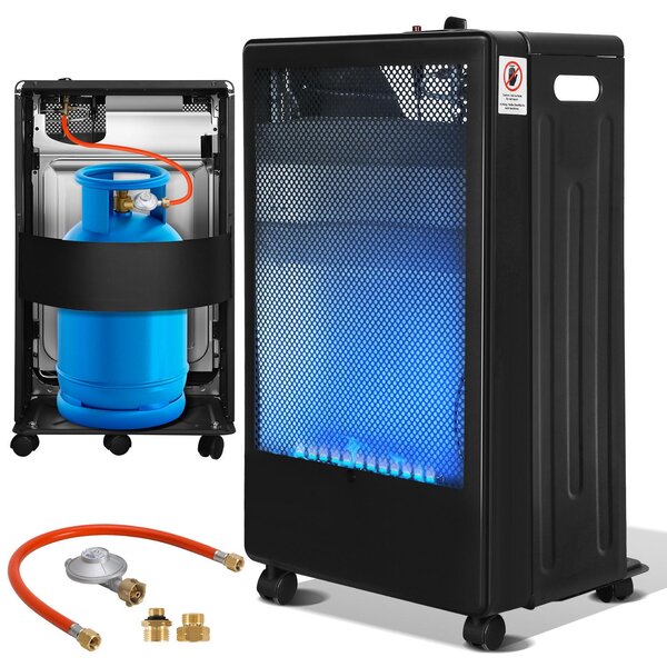 Stufa a gas da 3800 W, modello Blue Flame, con 2 livelli di riscaldamento, sistema ODS (controllo automatico della combustione), accensione piezoelettrica, tubo del gas e regolatore di pressione, e dotata di 5 ruote