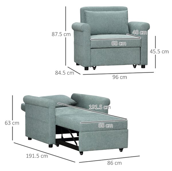HOMCOM Poltrona Letto Singolo Salvaspazio Reclinabile su 4 Livelli con Seduta Imbottita, 96x84.5x87.5 cm, Verde | Aosom Italy