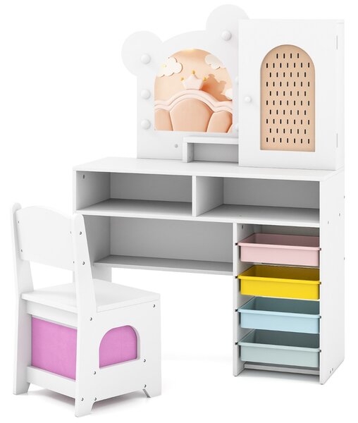 Costway Set tavolo e sedia da principessa con 5 cassetti e 2 scomparti, Tavolo da trucco per bambini con luci Bianco