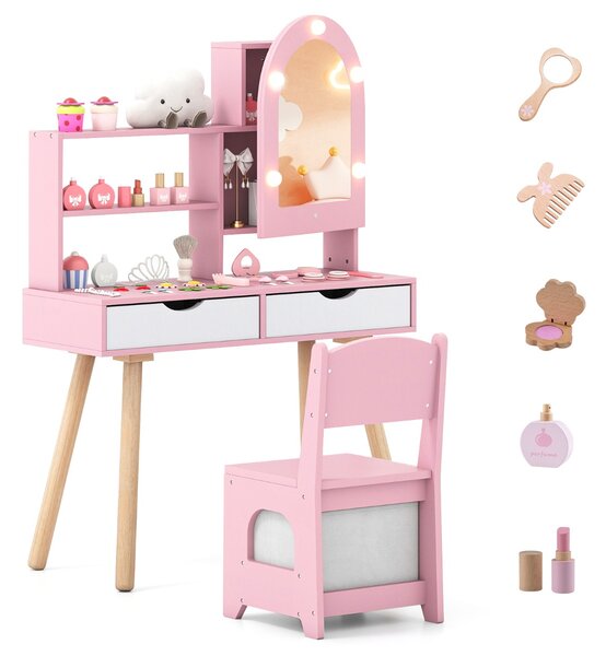 Costway Set tavolo da toeletta per bambini da trucco con 3 modalità di illuminazione colorata, Tavolo specchio con armadietto Rosa