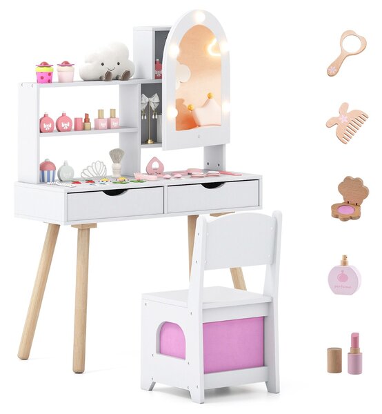 Costway Set tavolo da toeletta per bambini da trucco con 3 modalità di illuminazione colorata, Tavolo specchio con armadietto Bianco