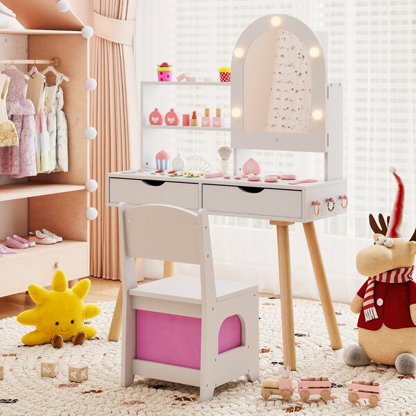 Costway Set tavolo da toeletta per bambini da trucco con 3 modalità di illuminazione colorata, Tavolo specchio con armadietto Bianco
