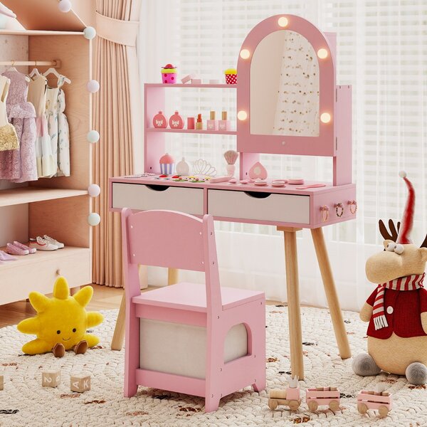 Costway Set tavolo da toeletta per bambini da trucco con 3 modalità di illuminazione colorata, Tavolo specchio con armadietto Rosa