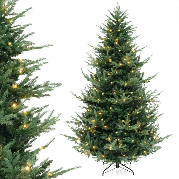 Costway Albero di natale artificiale 240 cm finto 1480 punte di rami, Albero di natale con 450 luci led bianche calde Verde