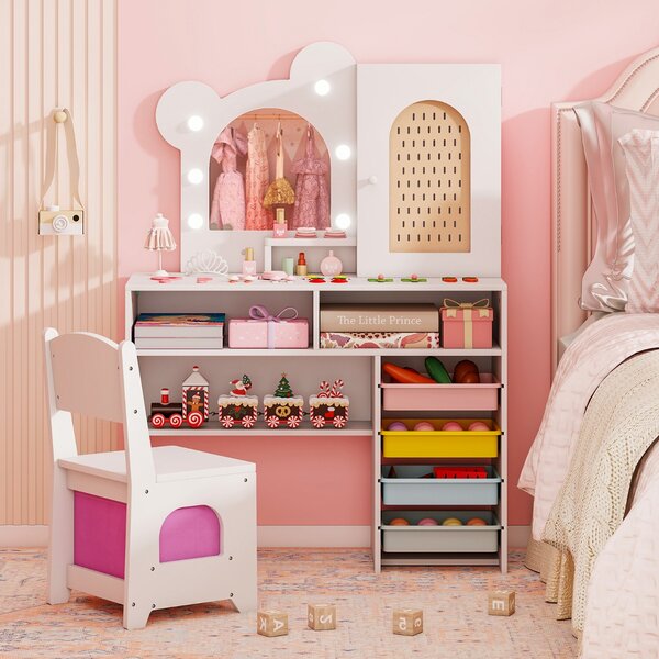 Costway Set tavolo e sedia da principessa con 5 cassetti e 2 scomparti, Tavolo da trucco per bambini con luci Bianco