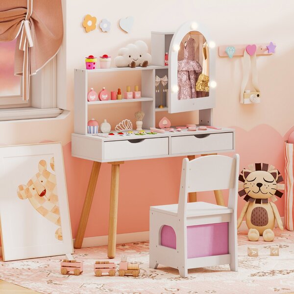 Costway Set tavolo da toeletta per bambini da trucco con 3 modalità di illuminazione colorata, Tavolo specchio con armadietto Bianco