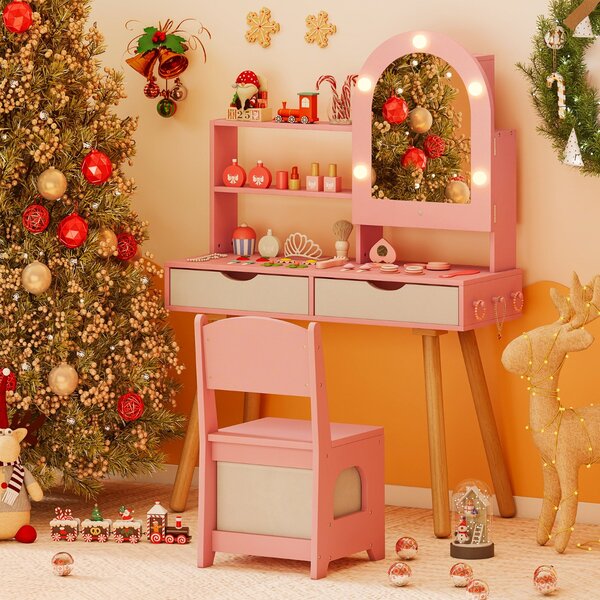 Costway Set tavolo da toeletta per bambini da trucco con 3 modalità di illuminazione colorata, Tavolo specchio con armadietto Rosa