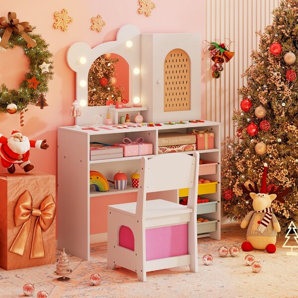 Costway Set tavolo e sedia da principessa con 5 cassetti e 2 scomparti, Tavolo da trucco per bambini con luci Bianco