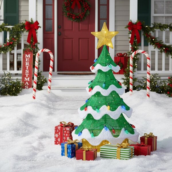 Costway Albero 3D in rete esterni e interni con 34 luci colorate a forma di fragola, Albero di natale illuminato 130 cm