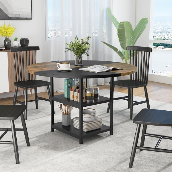 Costway Tavolo da pranzo rotondo da cucina in legno diametro design bicolore a blocchi, Tavolo ripiani portaoggetti e gambe in metallo