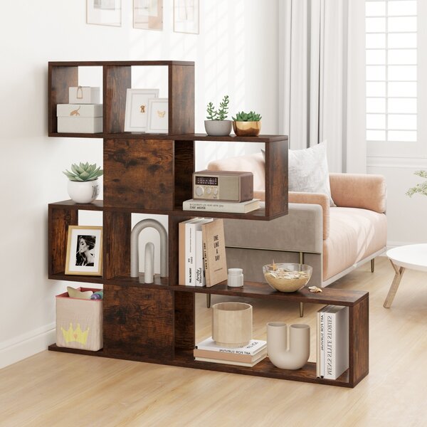 Costway Libreria a forma di scala a 5 livelli con ante, Scaffale decorativo in legno per il soggiorno e l’ufficio Marrone scuro