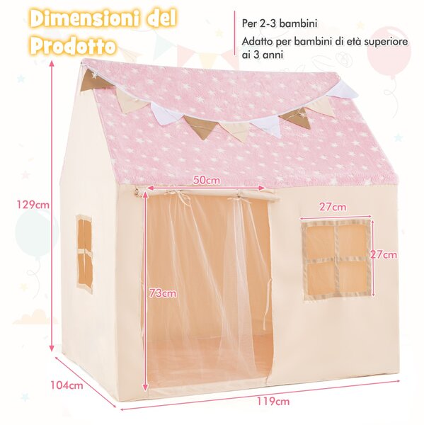 Costway Tenda da gioco per bambini per bambini 3+ anni, Grande casa da gioco con stelle luminescenti Rosa