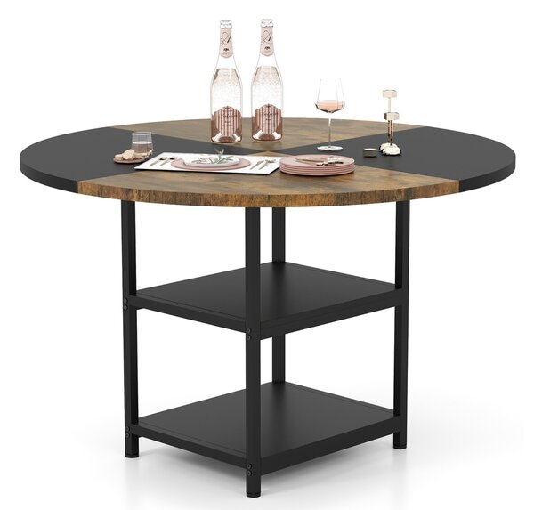 Costway Tavolo da pranzo rotondo da cucina in legno diametro design bicolore a blocchi, Tavolo ripiani portaoggetti e gambe in metallo