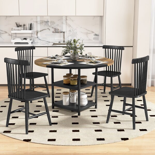 Costway Tavolo da pranzo rotondo da cucina in legno diametro design bicolore a blocchi, Tavolo ripiani portaoggetti e gambe in metallo