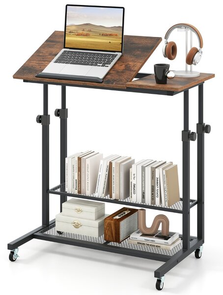 Costway Scrivania regolabile in altezza con piano inclinabile e mensole portaoggetti, Scrivania mobile da stare in piedi