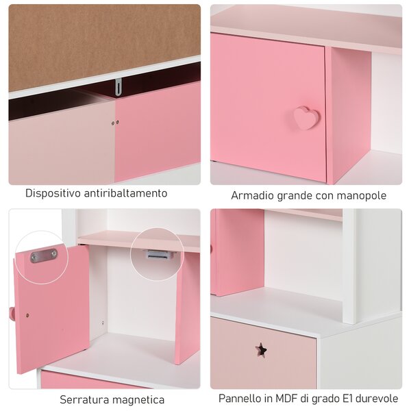 HOMCOM Scaffale Libreria Organizzatore Armadietto a Scomparti per bambini con cassetto scomparto in MDF P2 Rosa 80 x 34 x 130cm|Aosom