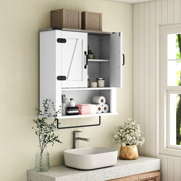 Costway Organizer da muro sopra il WC con ante a botte per lavanderia, Mobiletto da parete per bagno con porta asciugamani