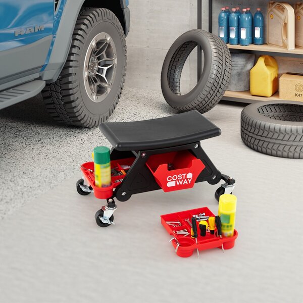 Costway Sgabello da meccanico con ruote pesante per garage con cassetto, Sgabello sedile automobilistico per riparazioni auto