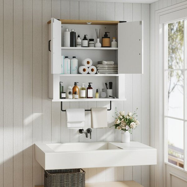 Costway Organizer da muro sopra il WC con ante a botte per lavanderia, Mobiletto da parete per bagno con porta asciugamani